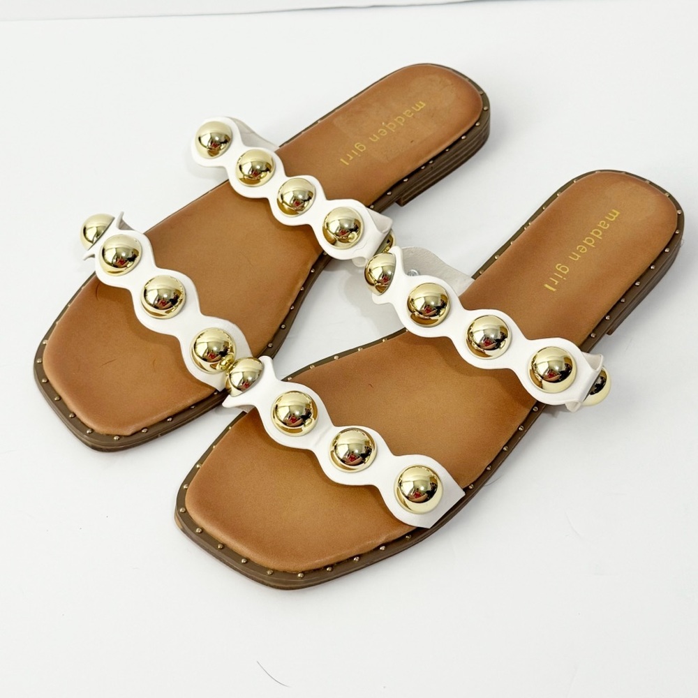 Madden Girl White Leather Slide Sandals with Gold Studs